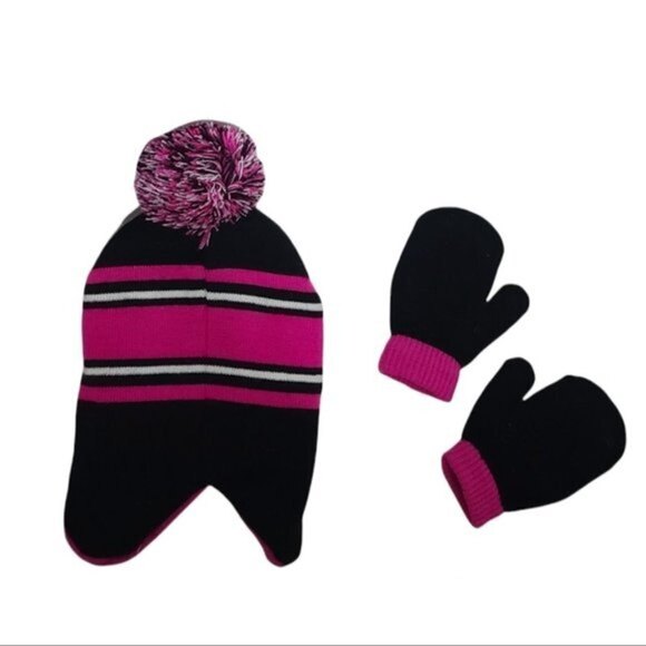 Disney Minnie Mouse Pom Pom Winter Beanie & Bow Mitten Toddler Girl Set - Picture 2 of 6